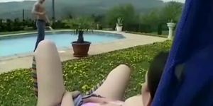 Nasty slut ramming a studs ass by the poolside with a s