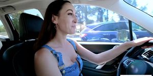 Busty MILF stepmother gives a blowjob to son in the car