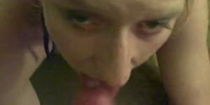 Sexy blonde sucking cock and giving a hand job