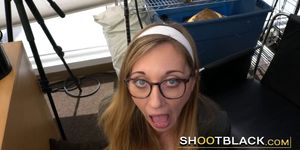 Nerdy chick with glasses takes directors cock in doggys