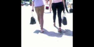 Candid ass tight voyeur walk hot pants in public