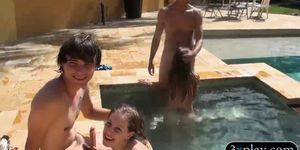 Three sweet babes show off ass and orgy in the pool
