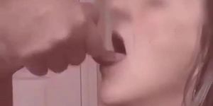Girl blowjob to creamy cum in mouth from 2 angles