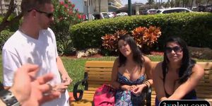 Two ladies convinced to flash big boobs for some cash