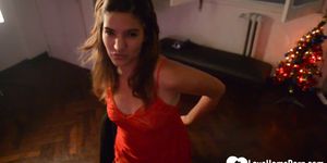 Stepdaughter teases in a sexy red lingerie outfit