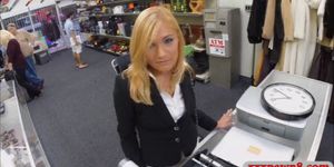 Hot blonde milf fucked at the pawnshop to earn extra mo