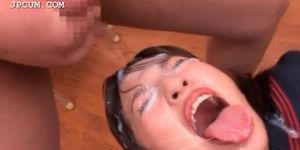 Teen Asian brunette taking a hot messy facial on the fl