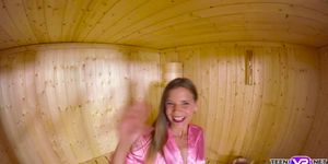 Horny Teen teases her tight pussy in a sauna