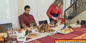Horny threesome fucking on Thanksgiving day