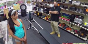 Busty Brunette Black Muscled Chick go wild in the shop