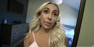 Pretty faced stepmother gives a POV blowjob lesson