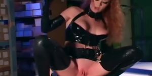 Uniformed babe in latex and high heels fucking