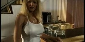 Blonde with great big tits masturbates alone by her wet