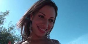 Latina in swim suit gets fucked in POV at the beach
