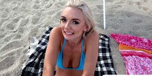 Busty blonde babe Molly Mae fucks in the beach for cash