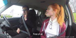 Pale redhead driving student bangs in car