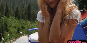 Beautiful blonde teenie babe outdoor strip at the alps