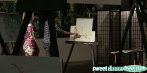 Creative guy painting a round teen ass with cum
