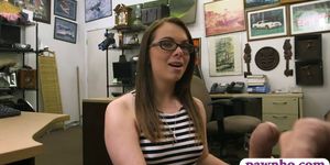 Babe with glasses railed by pawn man in the back office