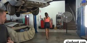 Tight brunette babe sucks off and railed in car garage