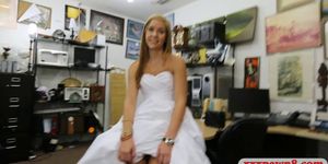 Woman in her wedding dress gets fucked by pawn keeper