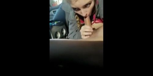 Blonde college girl with braids sucks cock in the car