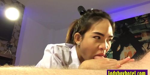 Cute Asian ladyboy Ploy sucked big hard cock before hardcore ass fucking