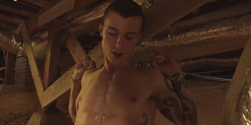 Bound jock gets sucked off before raw drilled by inked bf