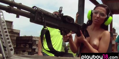 Big boobed badass babes Taylor Seinturier and Chelsea Brooke using bazooka