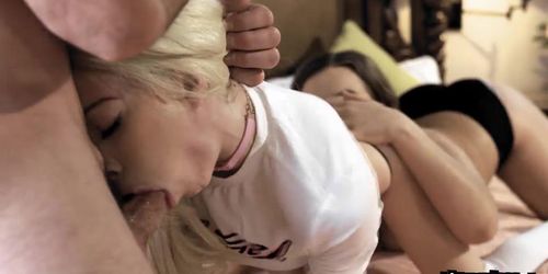 Horny couple taking sexy teen Kenzie Reeves to celebrate their anniversary