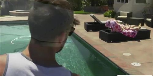 Horny skinny shemale gets her ass barebacked by pool cleaner