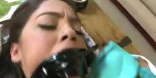 Moaning Brunette Gagged And Fucked