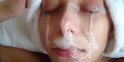 She gets a nice amount of cum all over her face