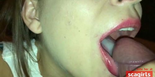 Homemade cum on tongue and swallow