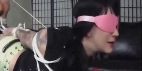 Asian whore blindfolded gagged and used as a cum dumpster