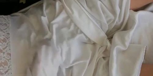 White nylon slip wank  cum