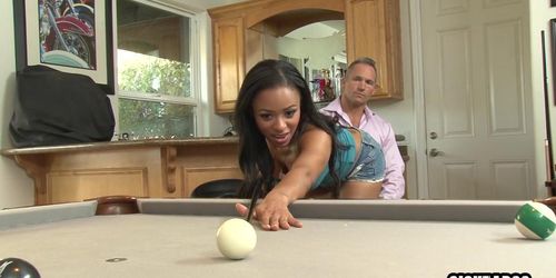 Wet black stepdaugter Anya Ivy plays with stepdads balls and big stick