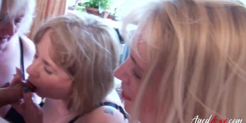 Three Blonde Women Sucking Old Cock