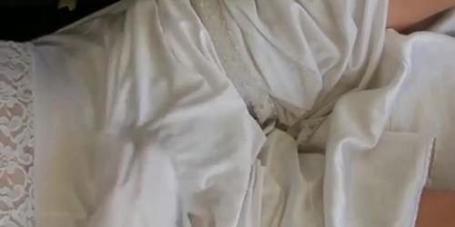 White nylon slip wank  cum