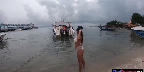 Petite big ass Asian teen riding big hard cock after dancing on the beach