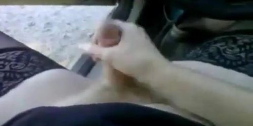 Bear in thigh high nylons jerking off in the car at the park