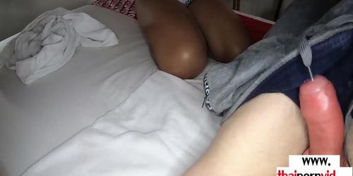 Petite amateur Thai teen Noom relaxing on her lovers big red cock