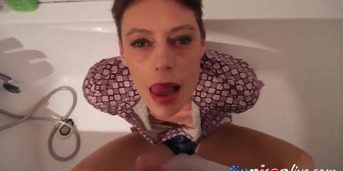 Short hair mature takes facial in the bathtub