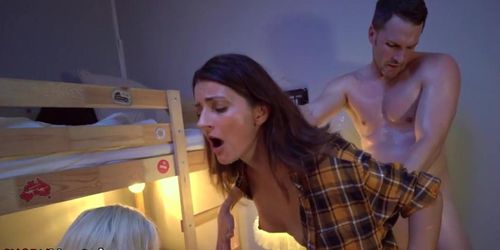 3some loving sluts pretending to be sex dolls in hostel room