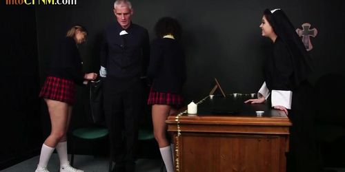 CFNM femdom group BJ by students in uniform and nun teacher