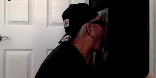 Mature DILF slurping on gloryhole cock till mouth spermed