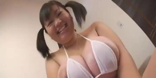 Chubby Japanese schoolgirl play with XXL boobs