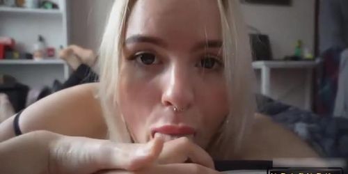 Big Eyed Blonde gives Incredible Sloppy Blowjob