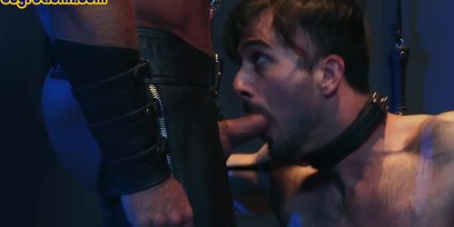 Dom leather stud fucks sub asshole after deepthroat sucked