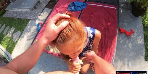 Bubble butt Thai GF garden suck and fuck with her big dick BF
